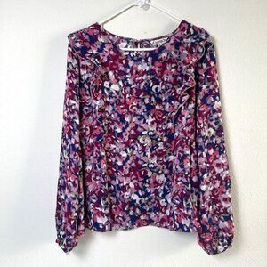 Nanette Lepore Blouse Womens XL Purple Blue Floral Long Sleeve Ruffle Top NWOT